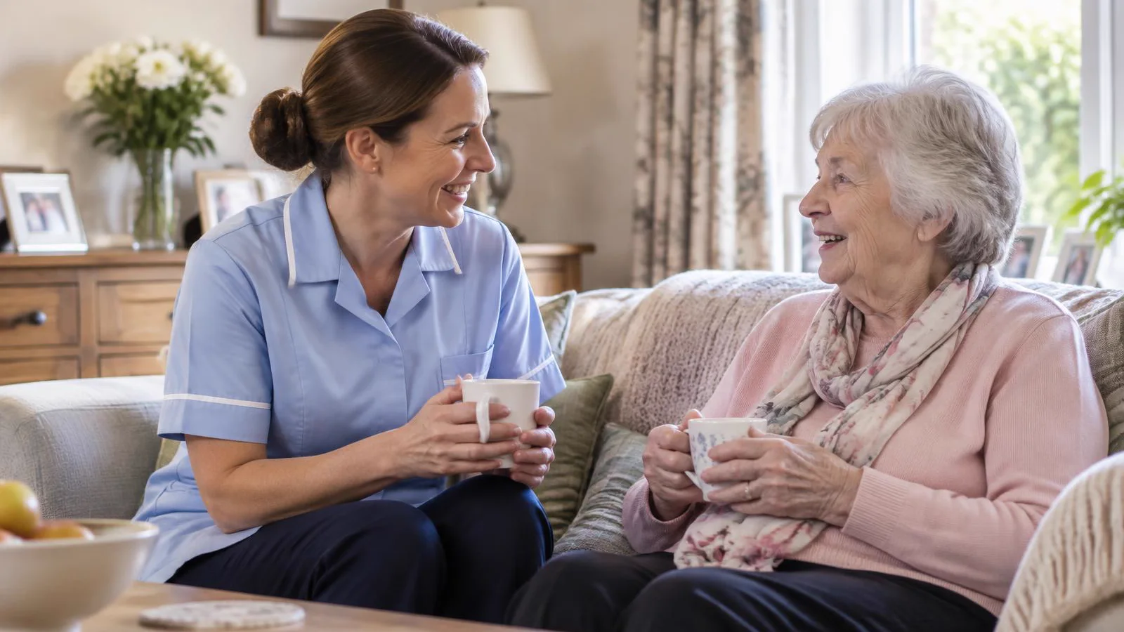 A British care professional talking with an older person in their home