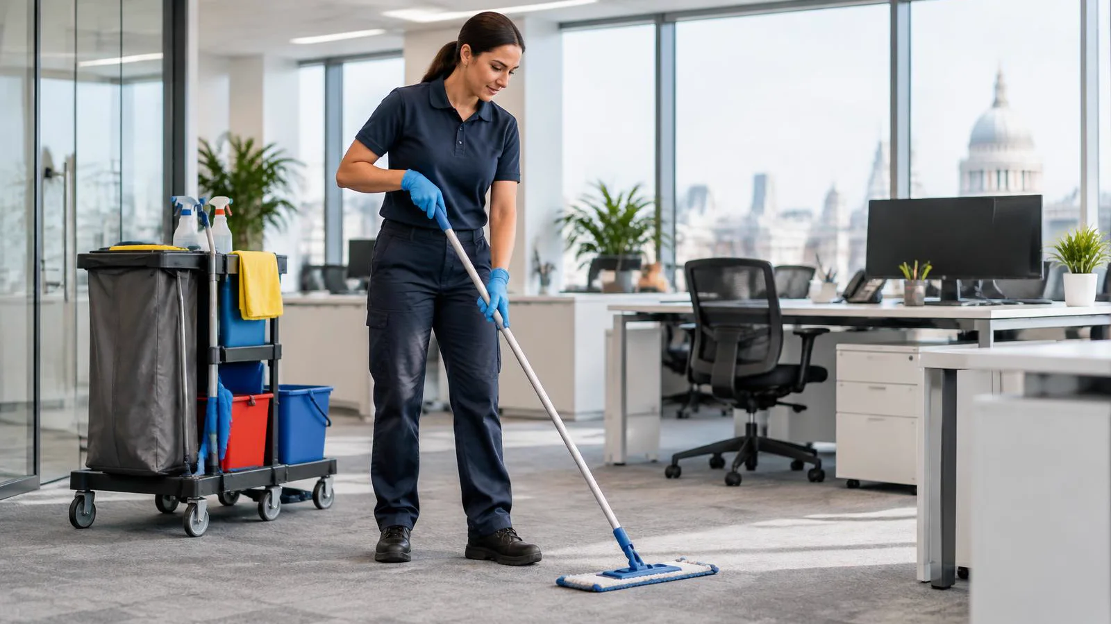 A commercial cleaner working in a modern British office