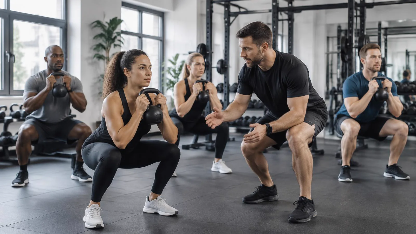 A British gym owner coaching a small group in a modern fitness studio