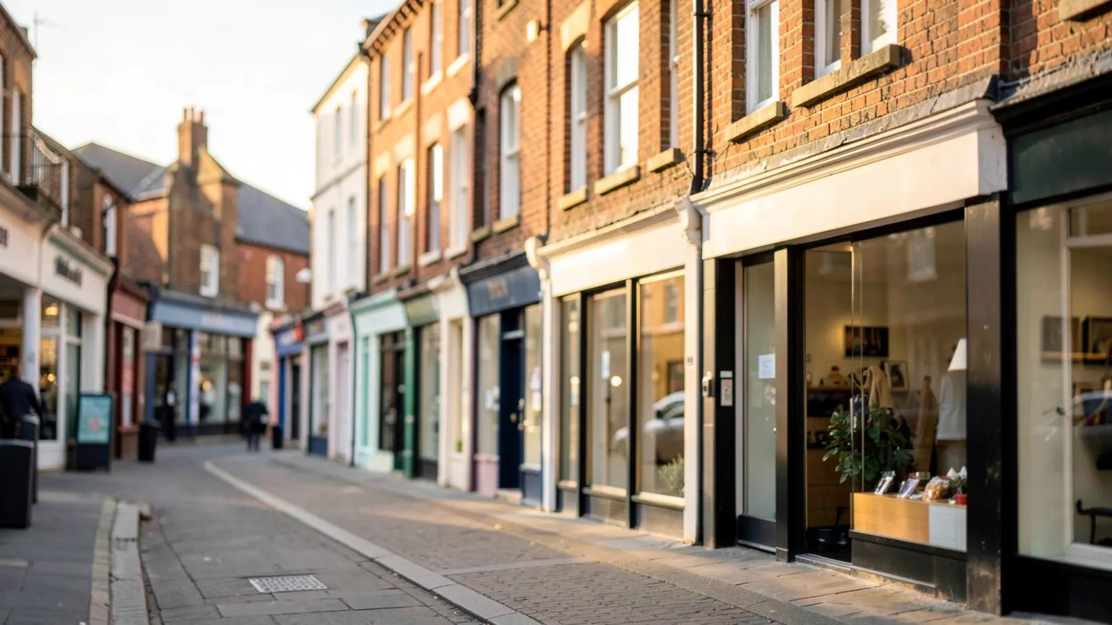 Independent shopfronts on a British high street in morning light