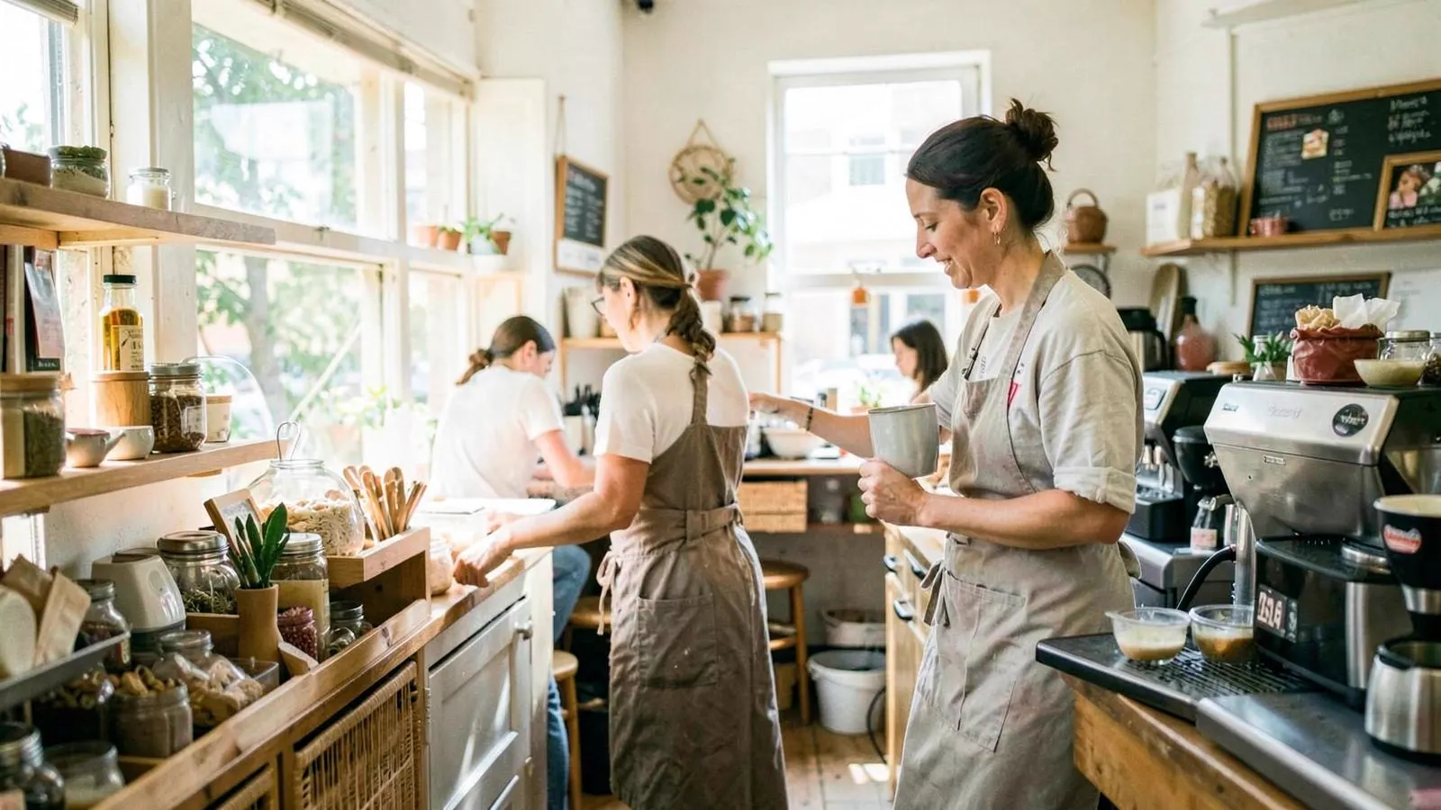 Owner of a small independent British cafe working behind the counter