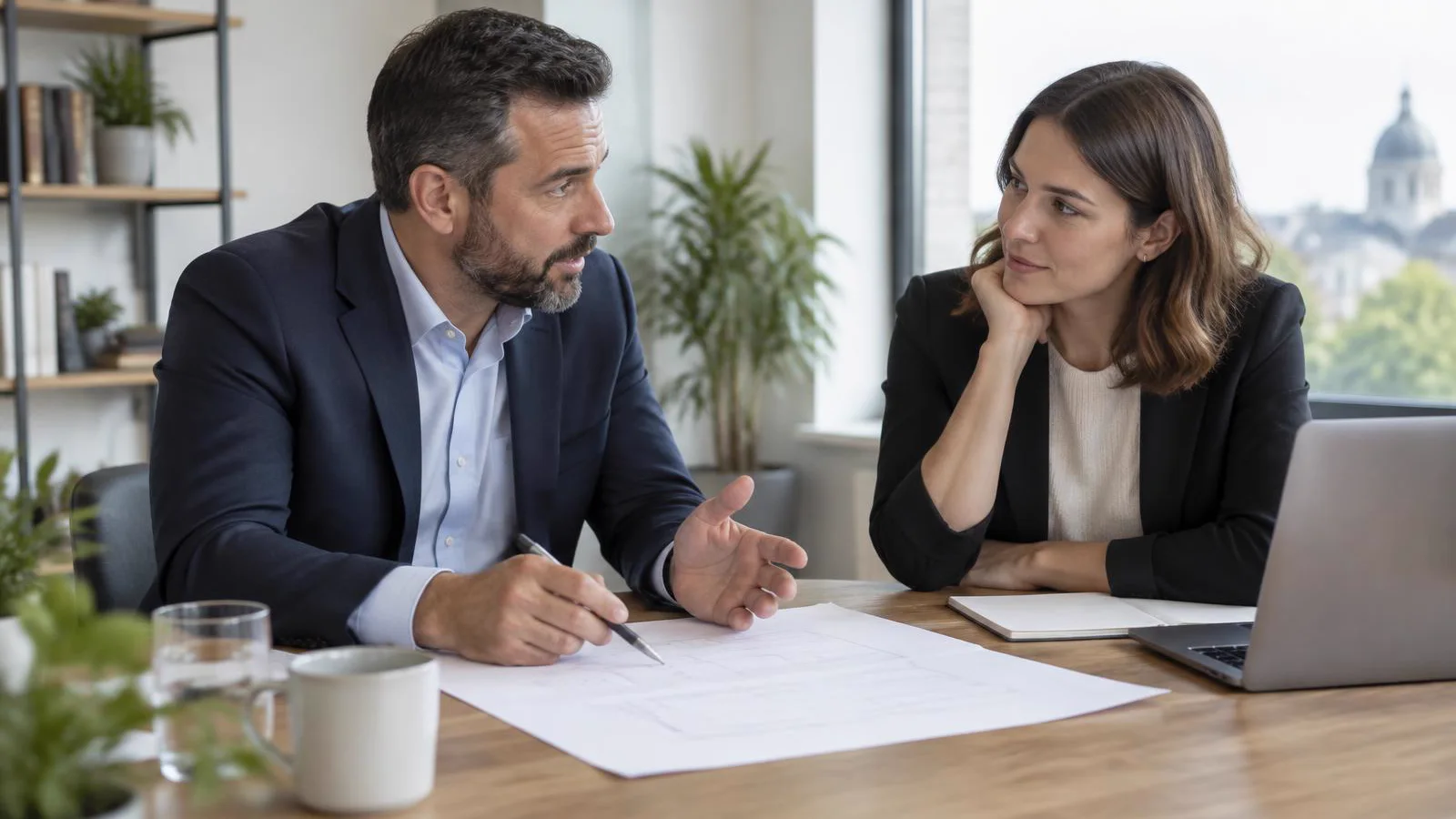 Two professional service business owners discussing an expansion plan