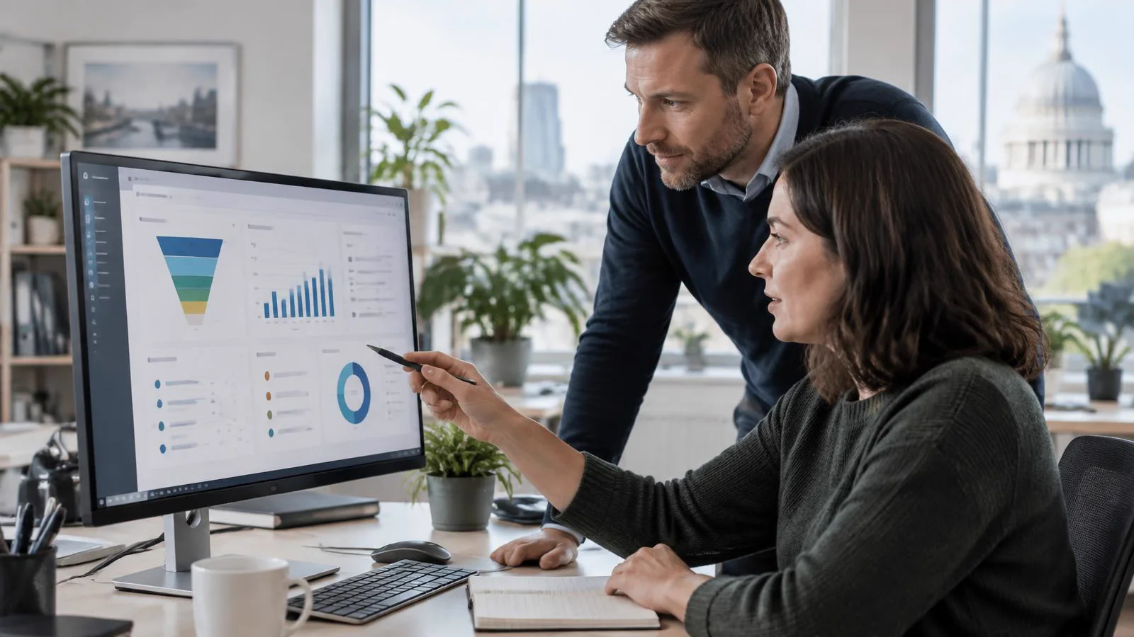 Two business managers reviewing operational technology in a British office
