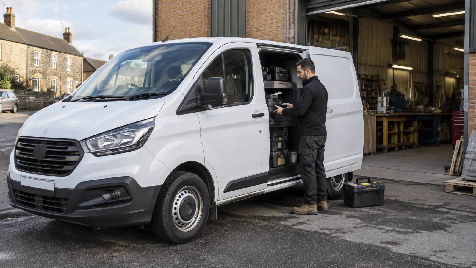 A British service business owner organising equipment in an unbranded white van