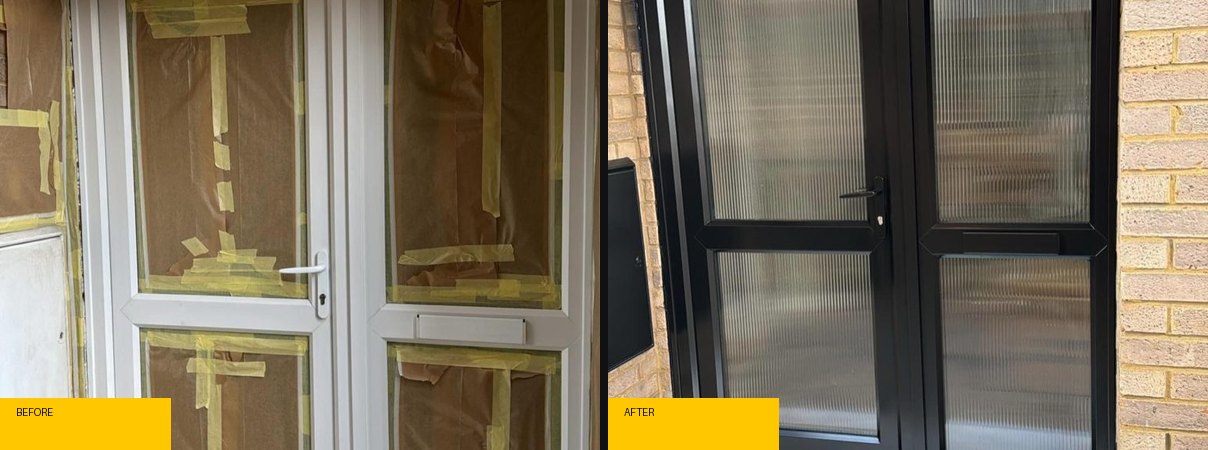 Before and after damaged door repair by MasterTeck Repair