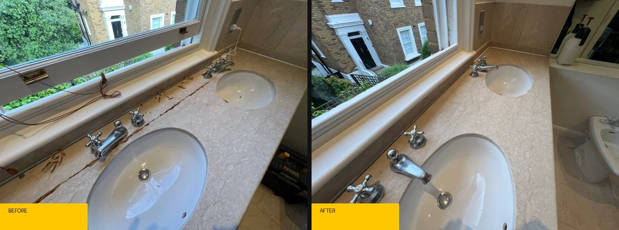 Before and after marble surface restoration by MasterTeck Repair