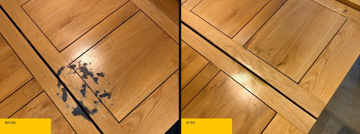 Before and after oak floor repair and refinishing by MasterTeck Repair