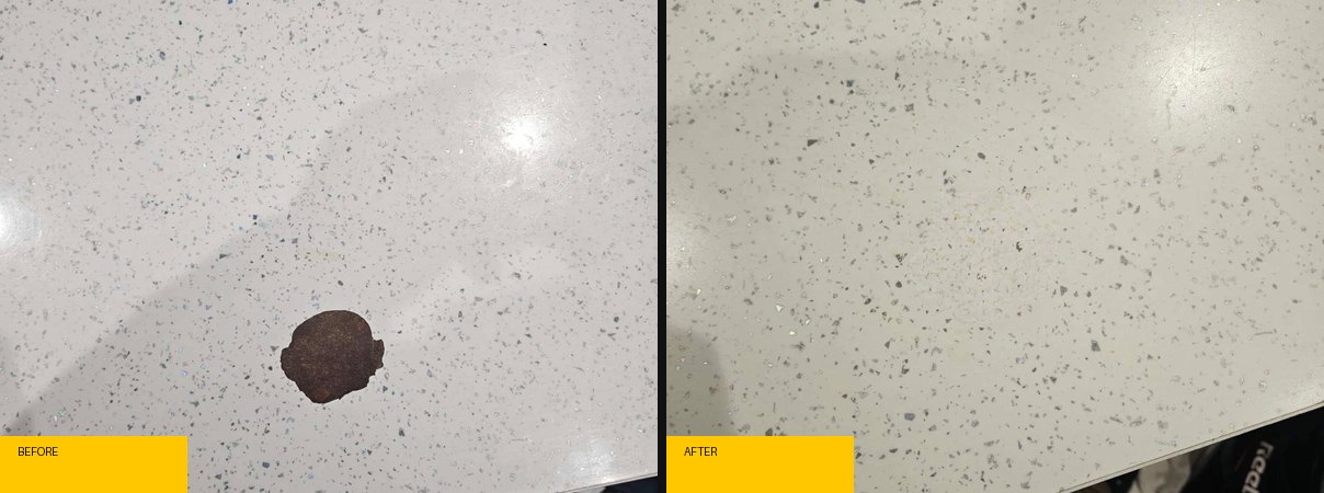 Before and after quartz worktop damage repair by MasterTeck Repair