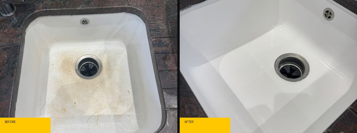 Before and after ceramic sink chip repair by MasterTeck Repair