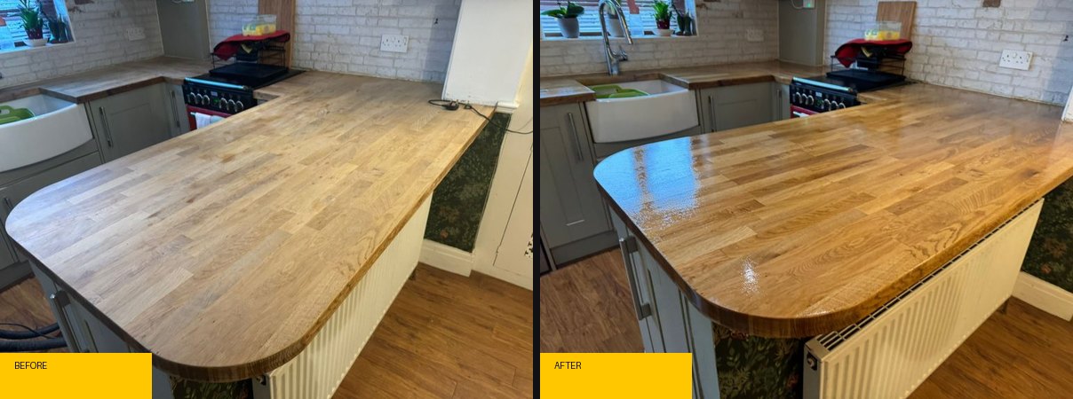 Before and after oak kitchen worktop repair and refinishing by a MasterTeck Repair technician